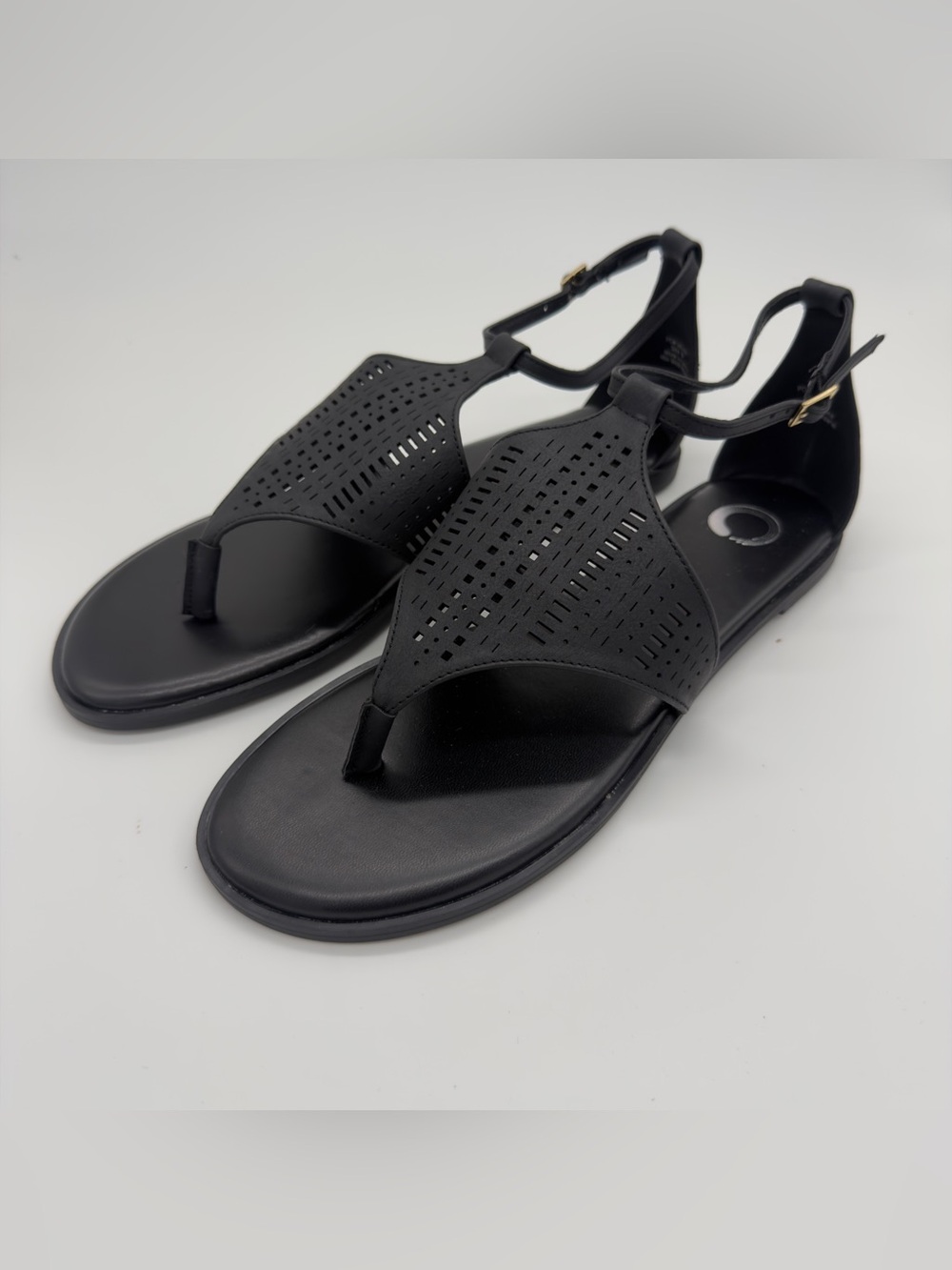 Journee Collection Black Perforated T-Strap Sandals with Ankle Buckle